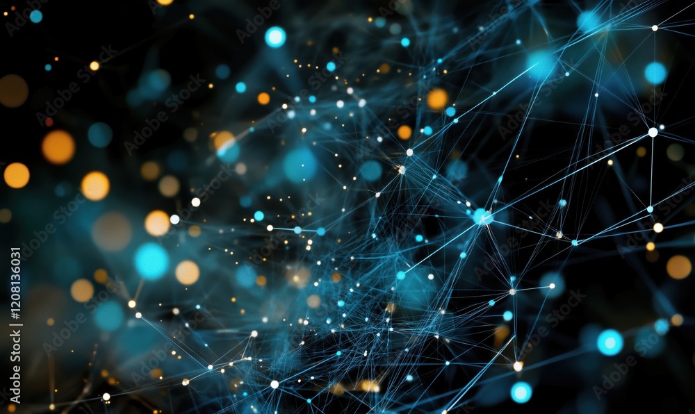 Poster abstract digital network connections with glowing nodes and lines, showcasing technology and data vi