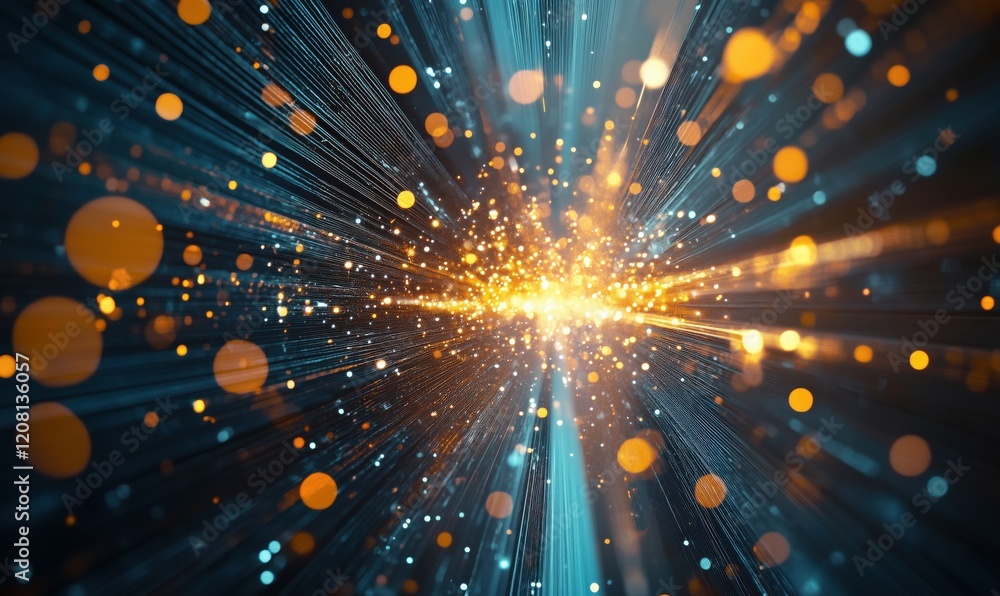 Poster dynamic explosion of light particles and beams creating a vibrant cosmic effect with orange and blue