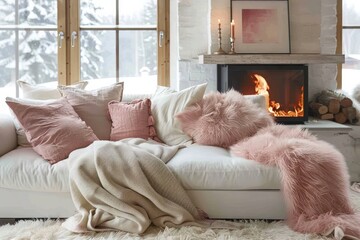 Cozy Scandinavian hygge living room interior design with a white sofa adorned with pink pillows, fur, and woolen blankets near a fireplace.