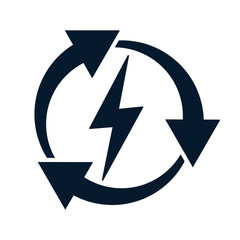 Three arrows in a circle, lightning. Recharge concept. Vector linear icon isolated on white background.
