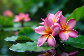 Fototapeta premium Softly focused plumeria blooms in a lush green environment with water elements, water, tropical, floral