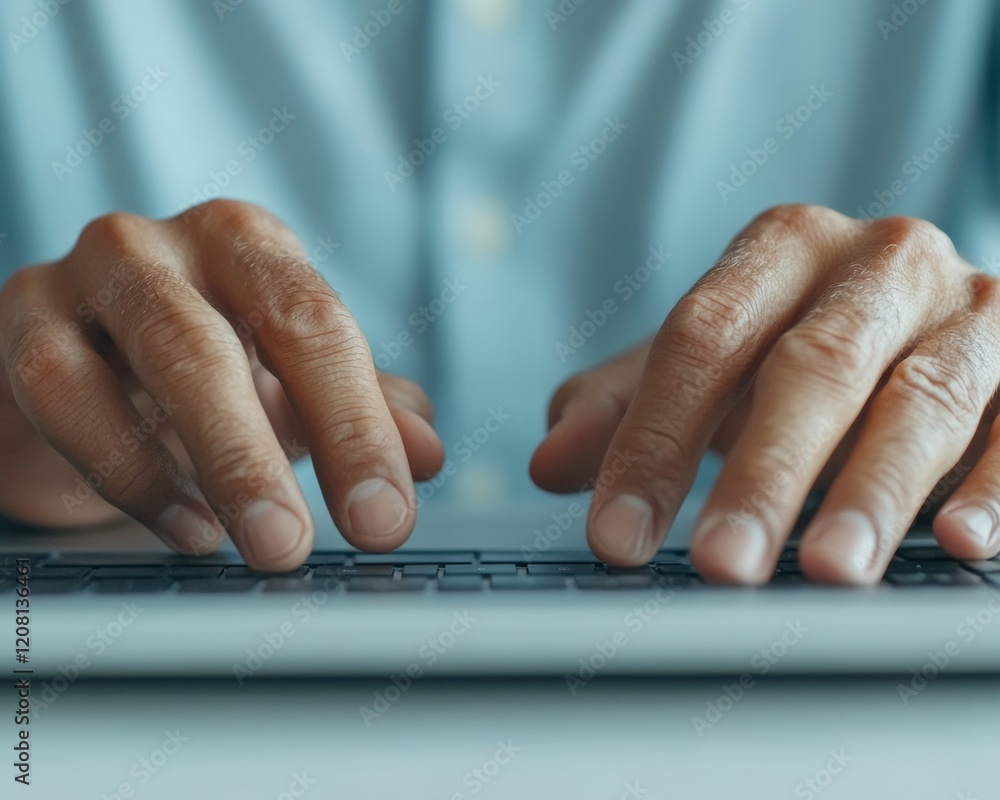 Poster streamlined bureaucratic efficiency hands typing on sleek laptop for government digital portals in m