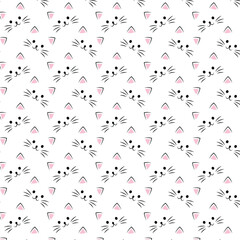 Hand drawn cute cat face seamless pattern.