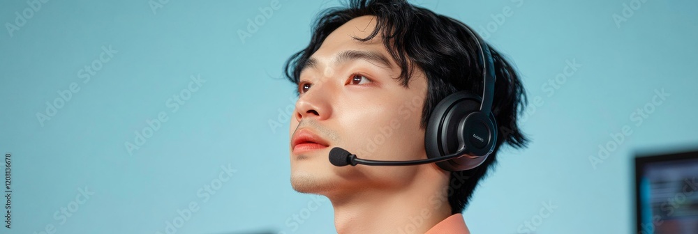 Poster Modern Customer Service Center Tech-Driven Call Support with Digital Dashboards and Asian Staff - Enhancing Public Institution Efficiency in Diverse Governmental Services