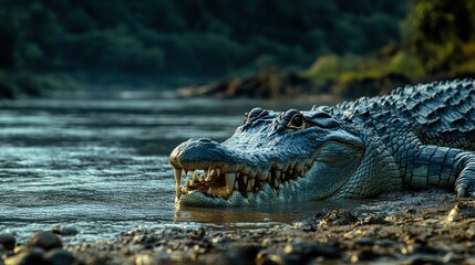 Obraz premium Large crocodile resting on riverbank at sunset.