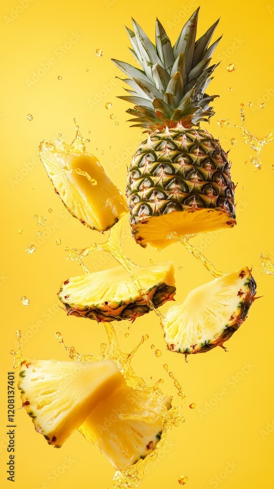 Aufkleber pineapple slices and a whole pineapple are levitating on a yellow background, surrounded by splashes
