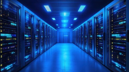 Modern server room with blue glowing lights	