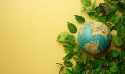 Earth globe surrounded by lush green leaves on vibrant yellow background, symbolizing environmental awareness and nature conservation