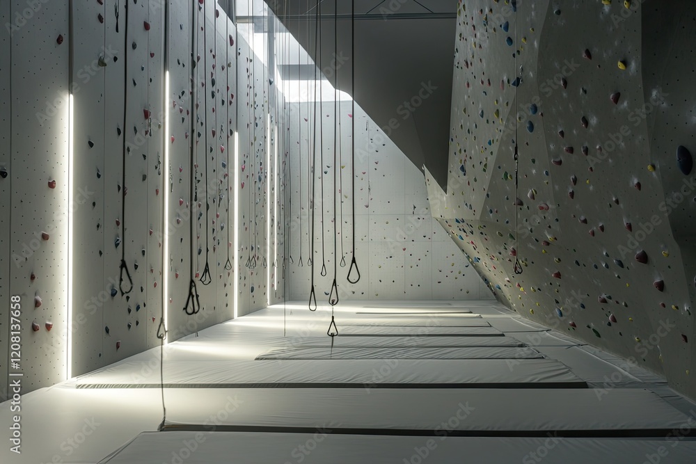Poster serene view of empty climbing gym with ropes walls and holds illuminated by soft lighting