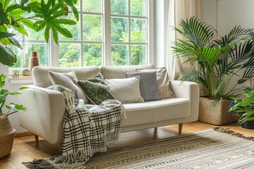 Hygge Style Living Room: White Sofa with Plaid and Cushions on Knitted Rug, Grid Window, and Green Houseplants