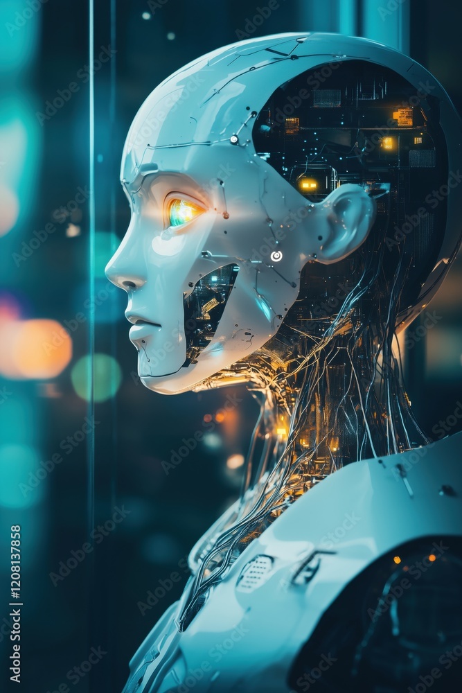 Poster futuristic humanoid robot with glowing circuitry and intricate design, showcasing advanced technolog