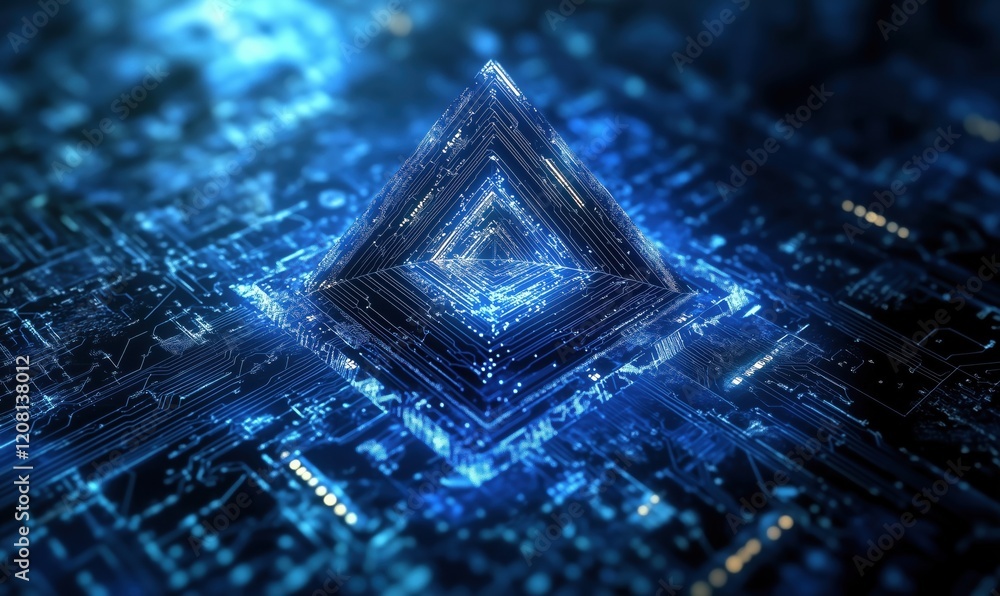 Poster futuristic glowing pyramid structure with intricate circuitry and digital patterns, representing adv