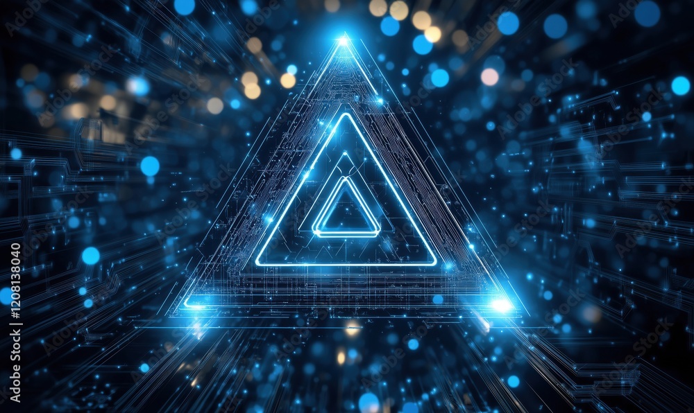 Aufkleber futuristic glowing blue triangle with intricate circuitry and luminous particles, representing techn