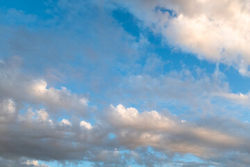 Blue Sky with Wispy Clouds at Sunset. This sky photo is perfect for backgrounds, themes of tranquility, nature, or freedom, and can be used in designs related to relaxation, inspiration or the outdoor
