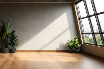 Fototapeta premium Modern contemporary loft empty room with concrete and wooden plank wall, parquet floor, plants, panoramic window.