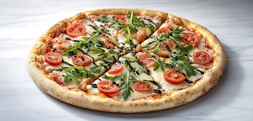 A pizza topped with fresh ingredients like arugula tomatoes and a drizzle of balsamic glaze