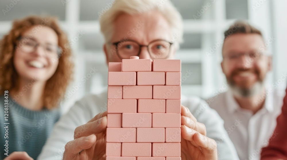Aufkleber vibrant team dynamics diverse professionals engage with colorful blocks in modern open office - enha