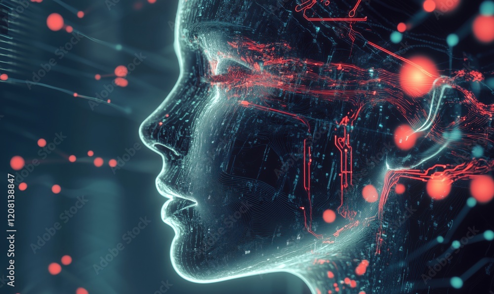 Poster futuristic digital human profile with glowing circuitry and data streams, showcasing advanced techno