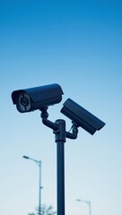 Two sleek cameras on a pole offer high-tech surveillance in open areas