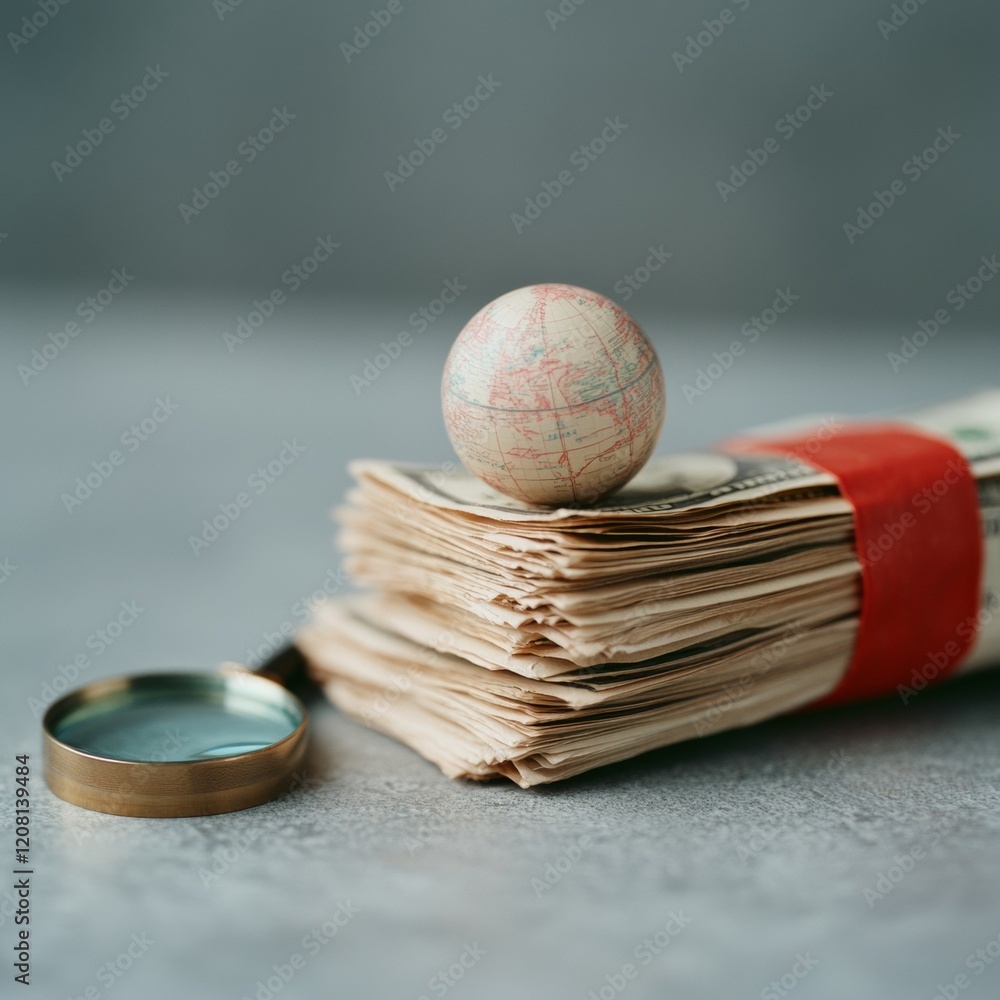 Poster textured currency display diverse global banknotes with mini globe and magnifying glass on polished 