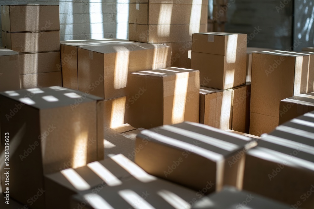 Poster stacks of cardboard boxes illuminated by sunlight in a warehouse setting during the afternoon