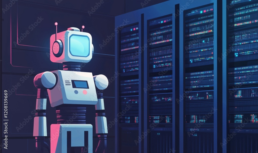 Poster robot standing in front of server racks, showcasing advanced technology and artificial intelligence 