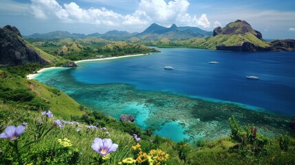 Obraz premium Tropical Island Seascape With Boats And Coral Reefs