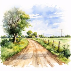 Country Lane Clipart. Watercolor illustration. Detailed illustration