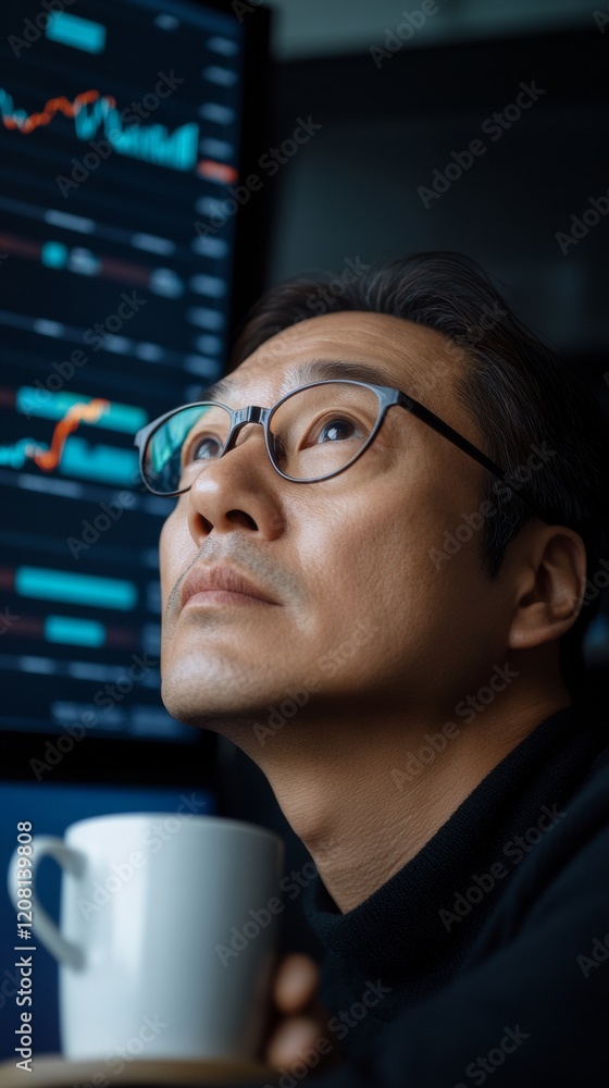 Aufkleber tech-inspired trading workspace focused male trader in early 30s analyzing dynamic currency graphs a