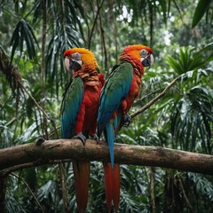 Fototapeta premium A pair of macaws perched side-by-side on a branch in the rainforest, with blurred trees in the background.