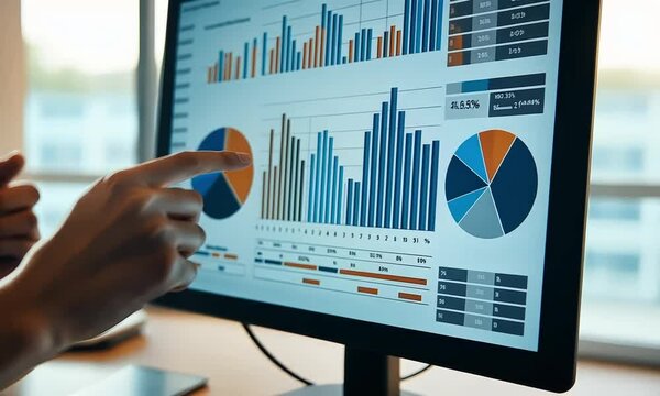  Hands pointing at computer screen displaying colorful charts and graphs for data analysis. Office environment captures collaboration, strategy, and decision-making in modern business.