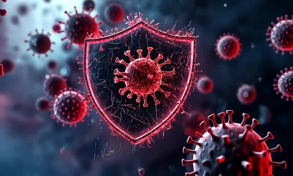  Red viruses floating around protective shield symbolizing immunity and defense. Conceptual representation of health, prevention, and modern medical technology combating diseases.