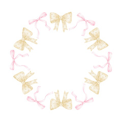 cute festive bows. Watercolor round frame on white background for textile, wrapping paper. Cute children's illustration in pastel colors