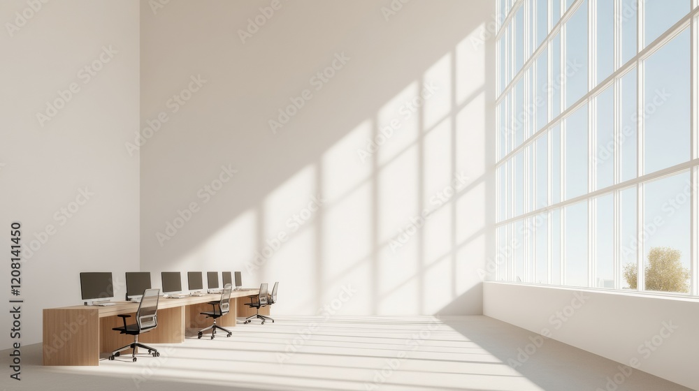 Poster Minimalist Modern Workspace Sleek Computer Stations in Sunlit Open Office - Enhancing Digital Public Services and Multicultural Communication