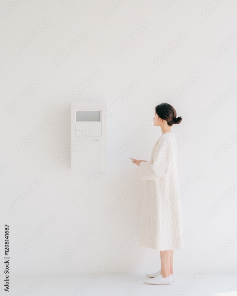 Poster minimalist information interface asian citizen engages with digital kiosk in sleek government buildi