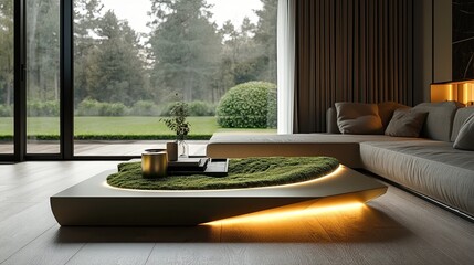 A sleek coffee table with a moss inlay and gentle lighting, elevating the ambiance of a villa interior