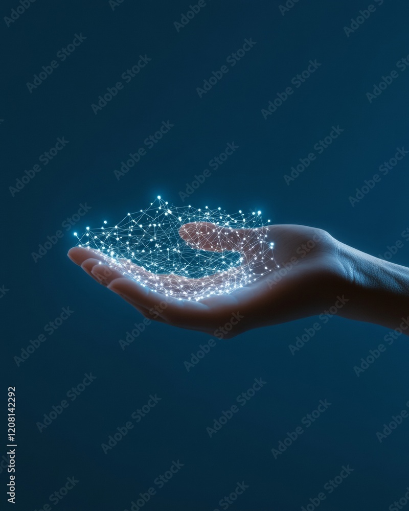 Fototapete digital connectivity art hand holding glowing geometric network on deep blue - tech branding and inn