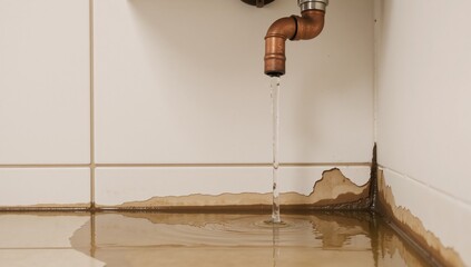 Urgent plumbing issue leaking pipe causes extensive water damage needs immediate repair Plumbing Repair Concept