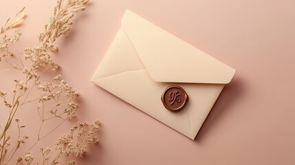 A sleek envelope with a wax seal, styled on a soft pastel background
