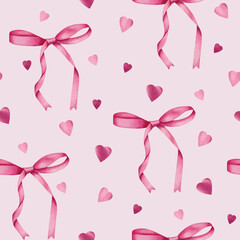 Seamless pattern with watercolor pink bows and hearts. Illustration for Valentine's Day. For packaging, stationery, textiles