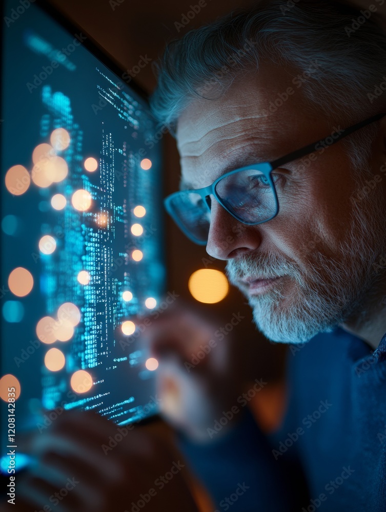 Poster futuristic tech workspace senior male professional analyzing data on touchscreen - next-gen it solut