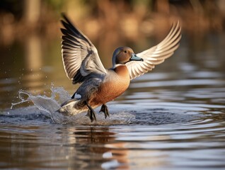 Fototapeta premium Male American Wigeon Duck in Flight: Majestic Bird Soaring Above the Water in Beautiful Natural Habitat
