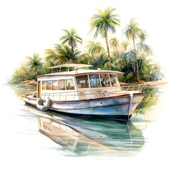 Fototapeta premium Cruise To Tropical Island clipart. Watercolor illustration. Ai-generated artistic illustration. Detailed illustration