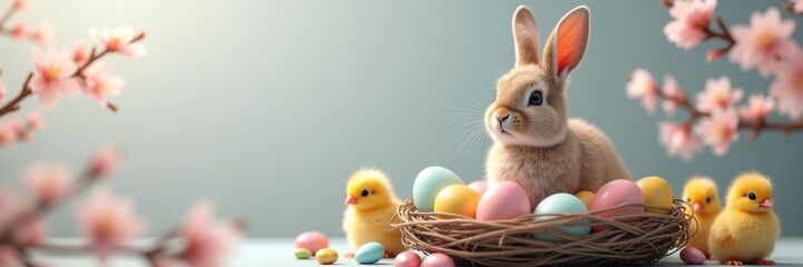 Celebrate Easter with this adorable scene featuring a bunny and chicks surrounded by colorful eggs. Perfect for spring promotions, greeting cards, or festive decorations.