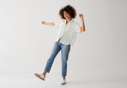 Mockup Of Woman Wearing Customized Shirt, Dancing