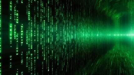 Matrix Style Binary Code Background in Green: Digital Datum with Random Falling Numbers and Information Zeroes