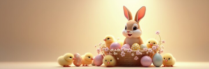 Celebrate Easter with this adorable scene featuring a cute bunny surrounded by cheerful chicks and colorful eggs, perfect for holiday promotions and festive designs.