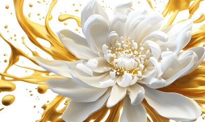 Golden liquid splashing white flower, isolated background, advertising