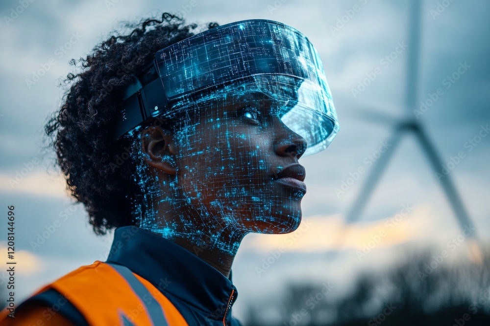 Aufkleber Urban Tech Fusion Digital Overlay on Engineer with VR Visor Near Wind Turbine - Innovating Renewable Energy and Smart Infrastructure for Sustainable City Development