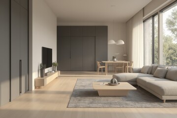 a modern living room with wooden floors and large windows